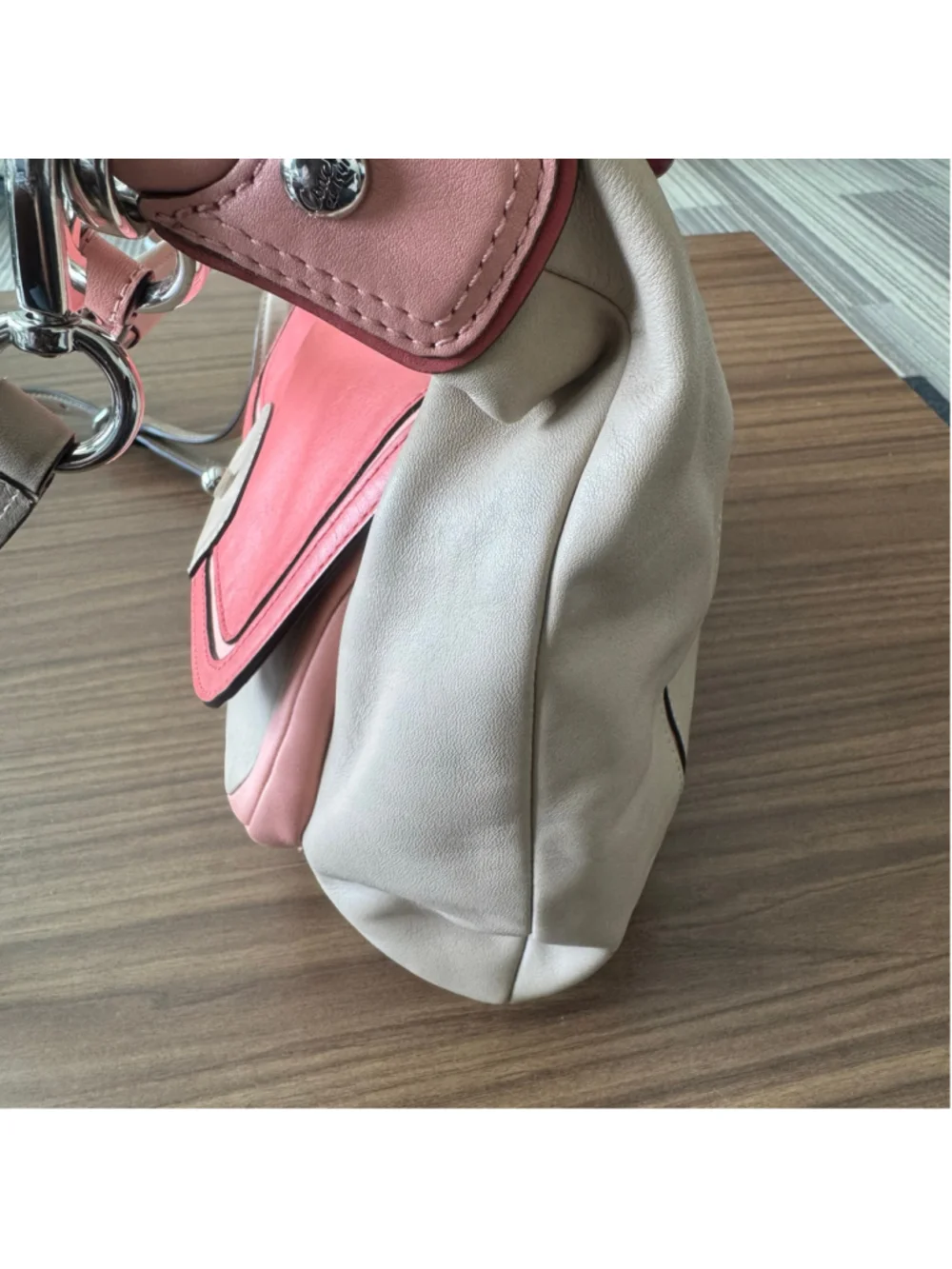 Coach Kristin Colorblock Leather Shoulder Crossbody Bag Beige Coral Pink F22509
